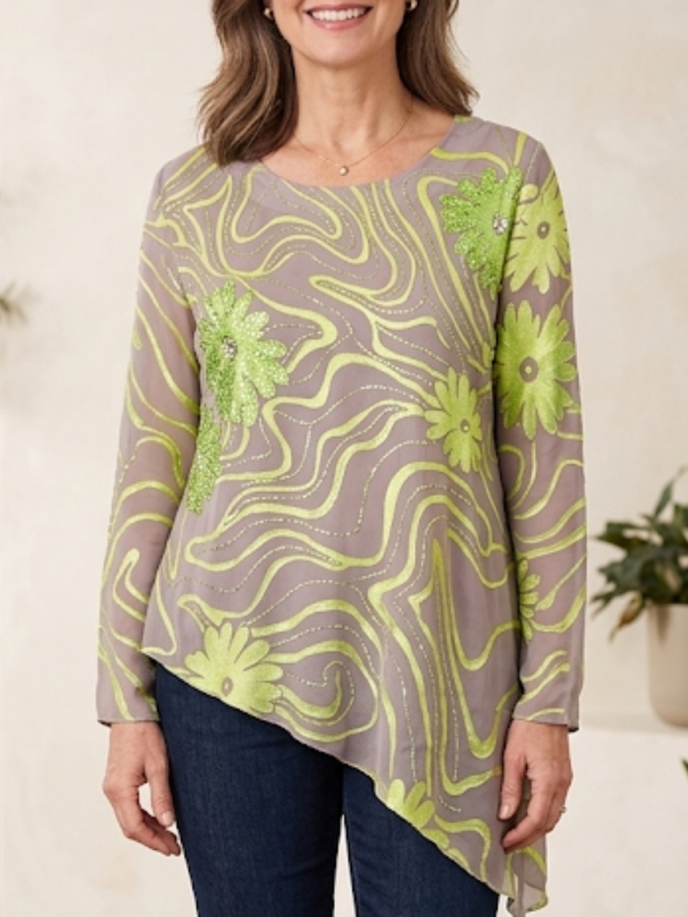 Fashque asymmetrical dazzling and sparkling gray top size L